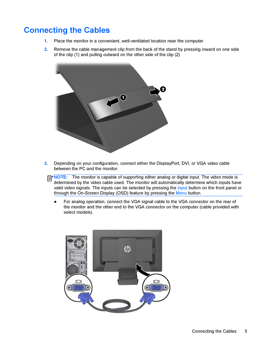 HP Smart Buy 23in C9V75A8ABA, E201 20 C9V73A8#ABA, Promo Display E221 C9V76A8ABA manual Connecting the Cables 