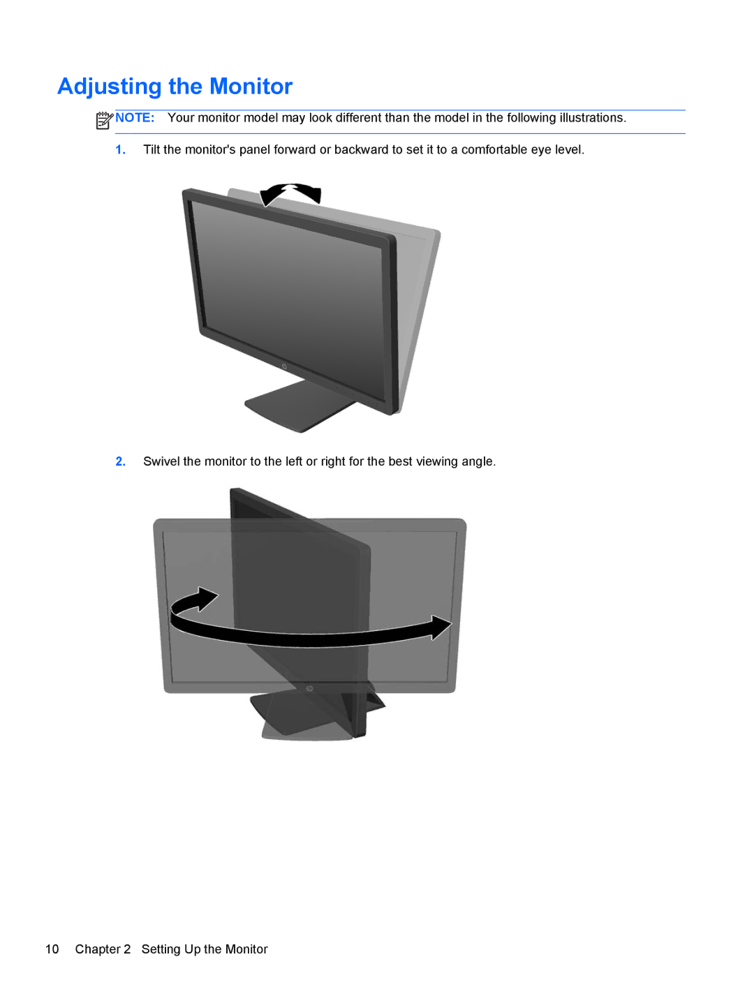 HP Promo Display E221 C9V76A8ABA, E201 20 C9V73A8#ABA, Smart Buy 23in C9V75A8ABA manual Adjusting the Monitor 