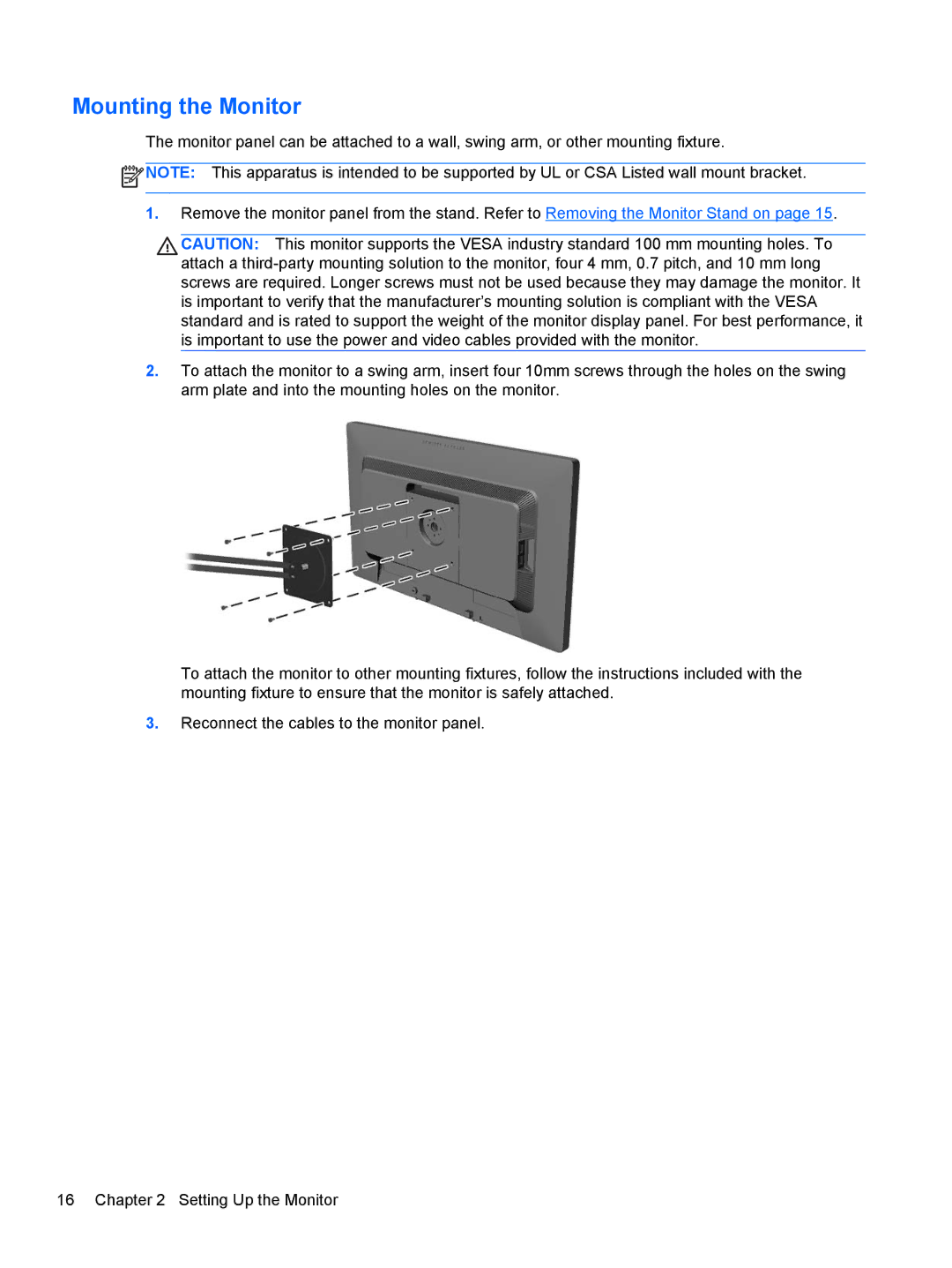 HP Promo Display E221 C9V76A8ABA, E201 20 C9V73A8#ABA, Smart Buy 23in C9V75A8ABA manual Mounting the Monitor 