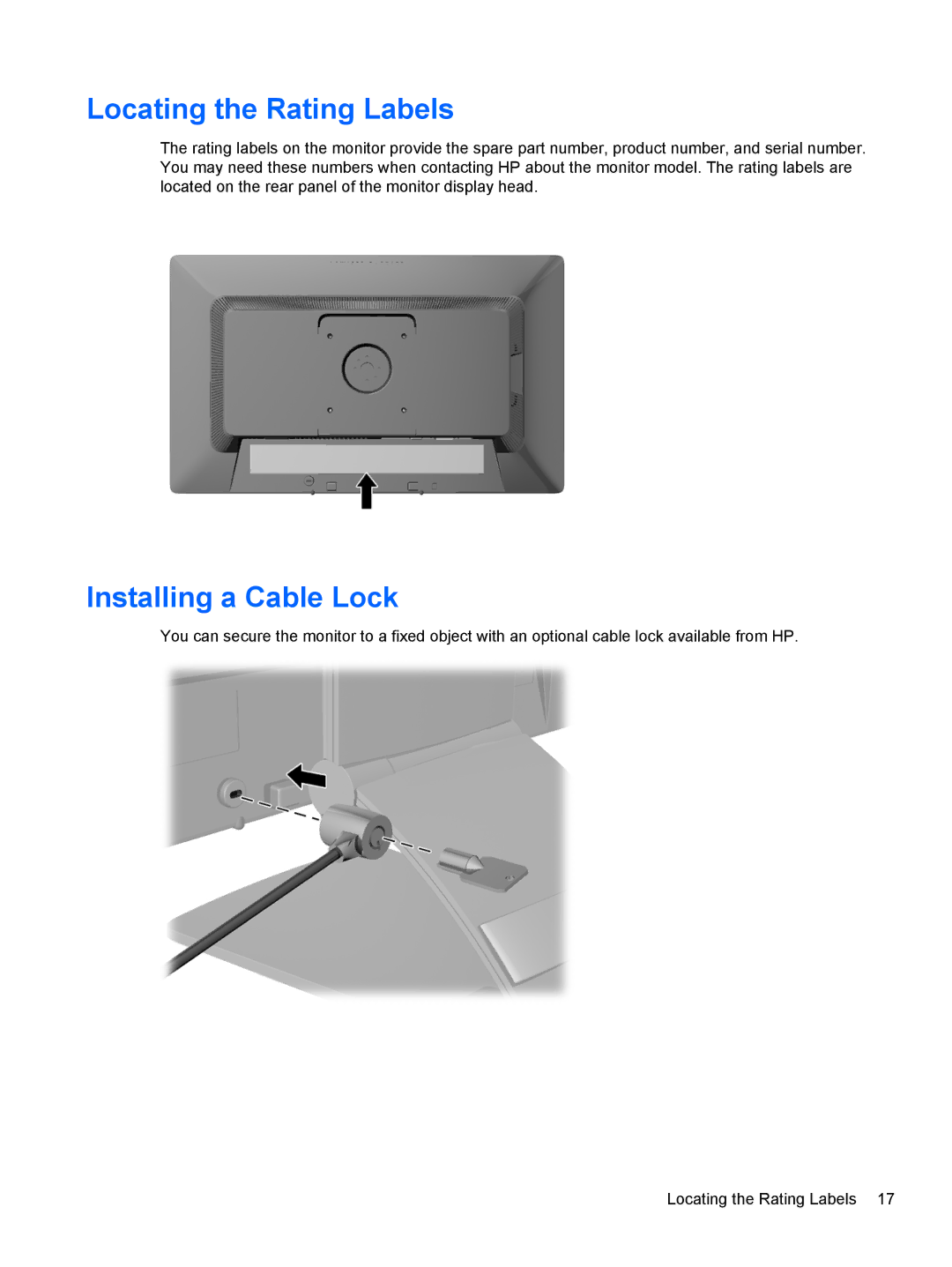 HP Smart Buy 23in C9V75A8ABA, E201 20 C9V73A8#ABA manual Locating the Rating Labels, Installing a Cable Lock 