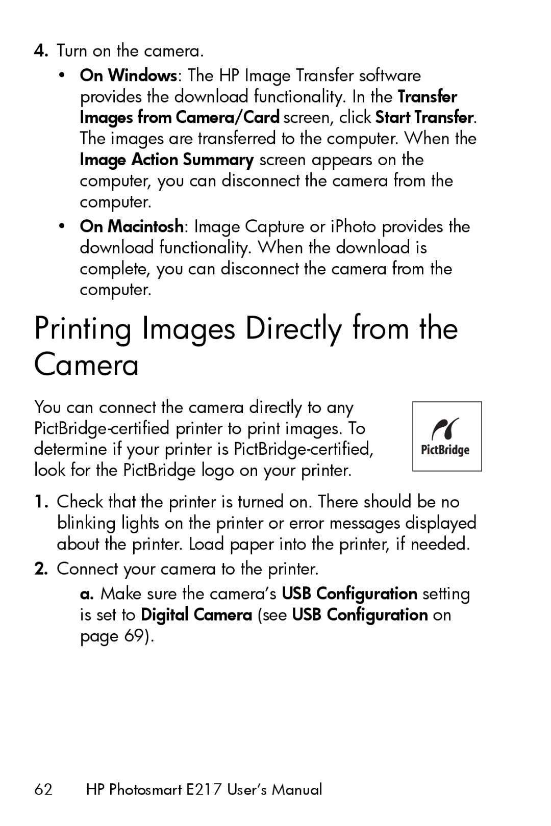 HP E217 manual Printing Images Directly from the Camera 