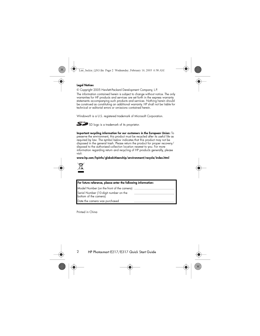 HP manual HP Photosmart E217/E317 Quick Start Guide 