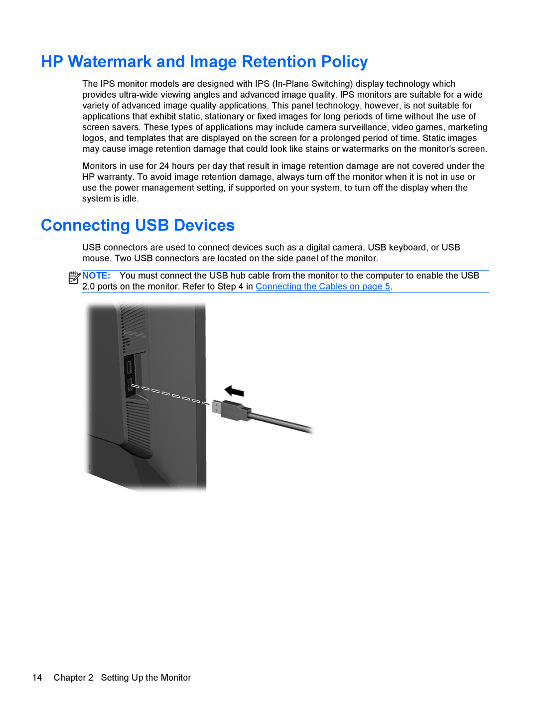 HP E221 manual HP Watermark and Image Retention Policy, Connecting USB Devices 