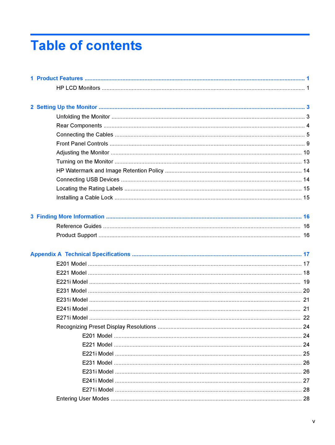 HP E221 manual Table of contents 