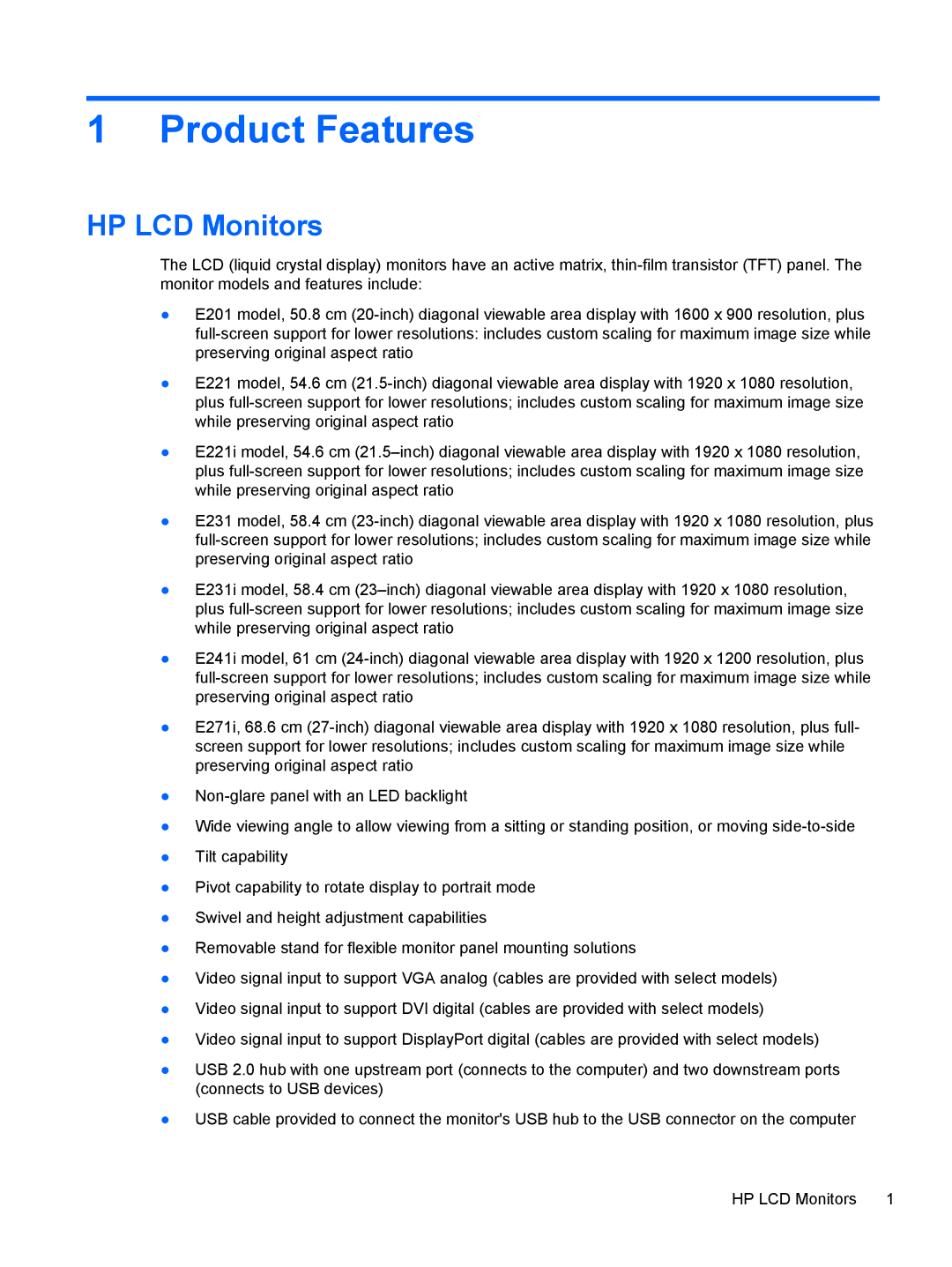 HP E221 manual Product Features, HP LCD Monitors 