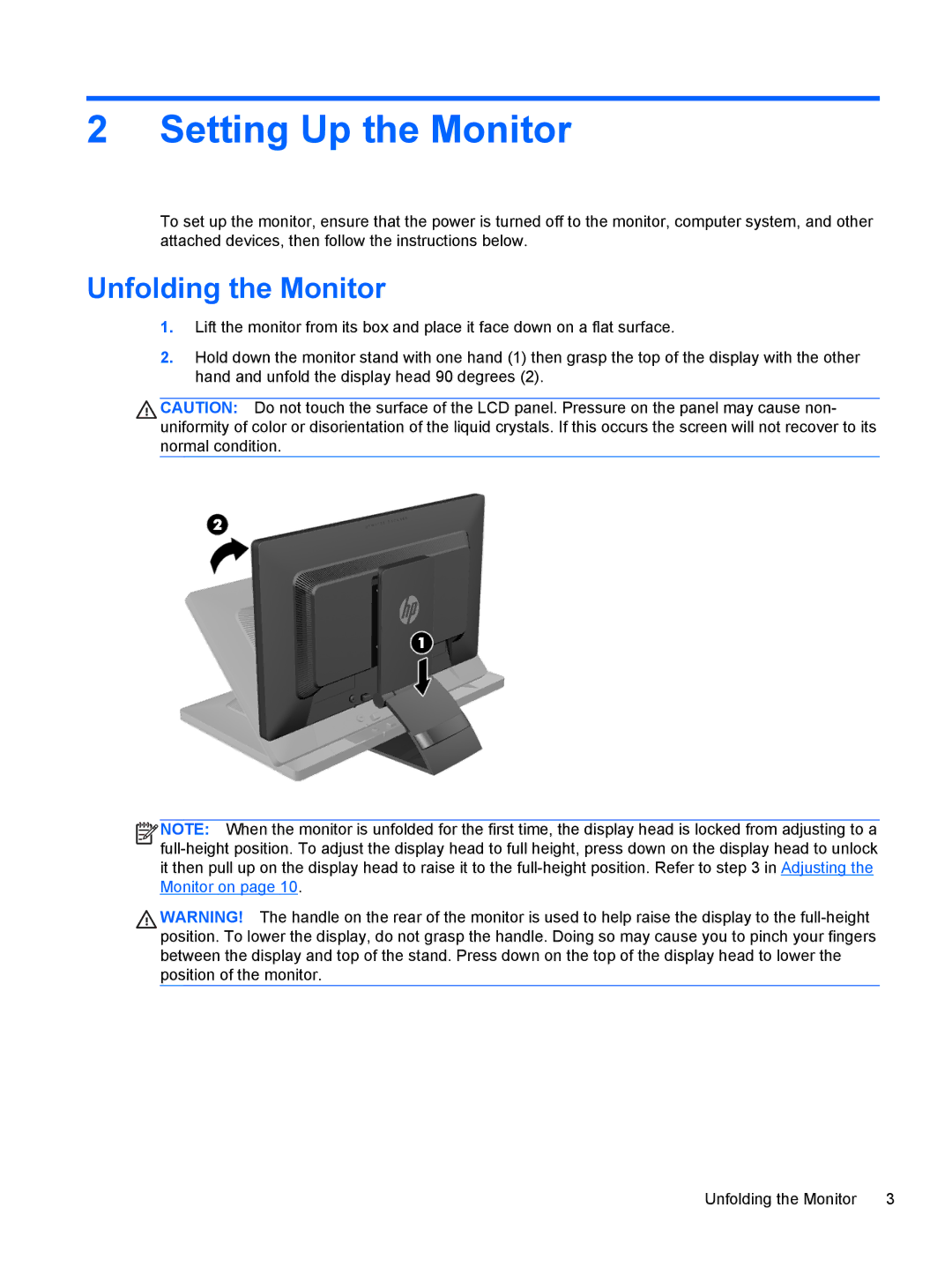 HP E221 manual Setting Up the Monitor, Unfolding the Monitor 