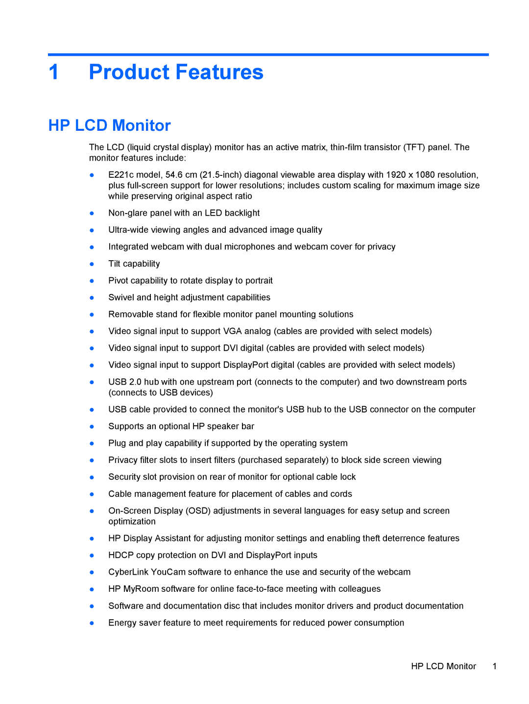 HP E221c manual Product Features, HP LCD Monitor 