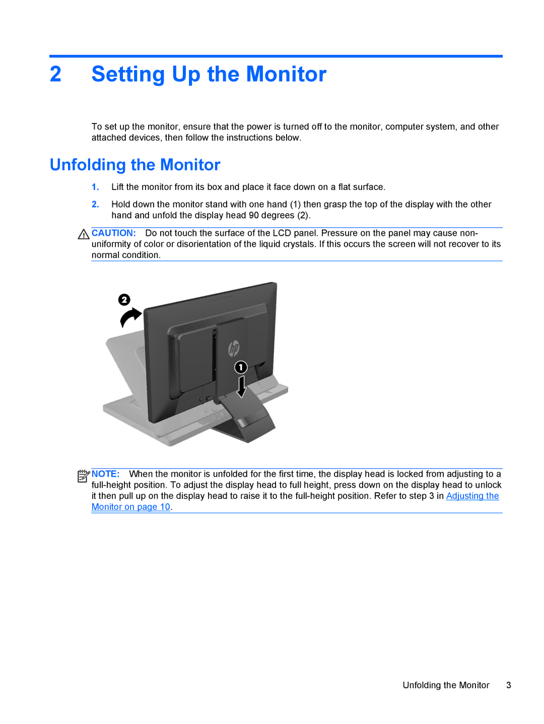 HP E221c manual Setting Up the Monitor, Unfolding the Monitor 