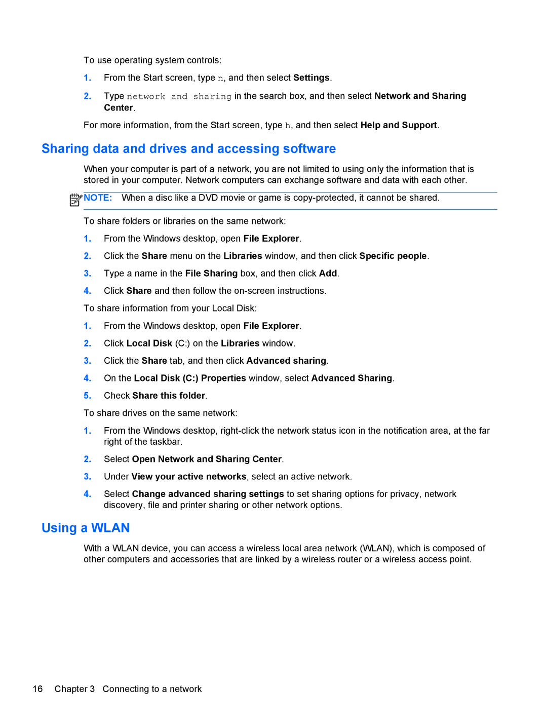 HP E2S18UAABA manual Sharing data and drives and accessing software, Using a Wlan 