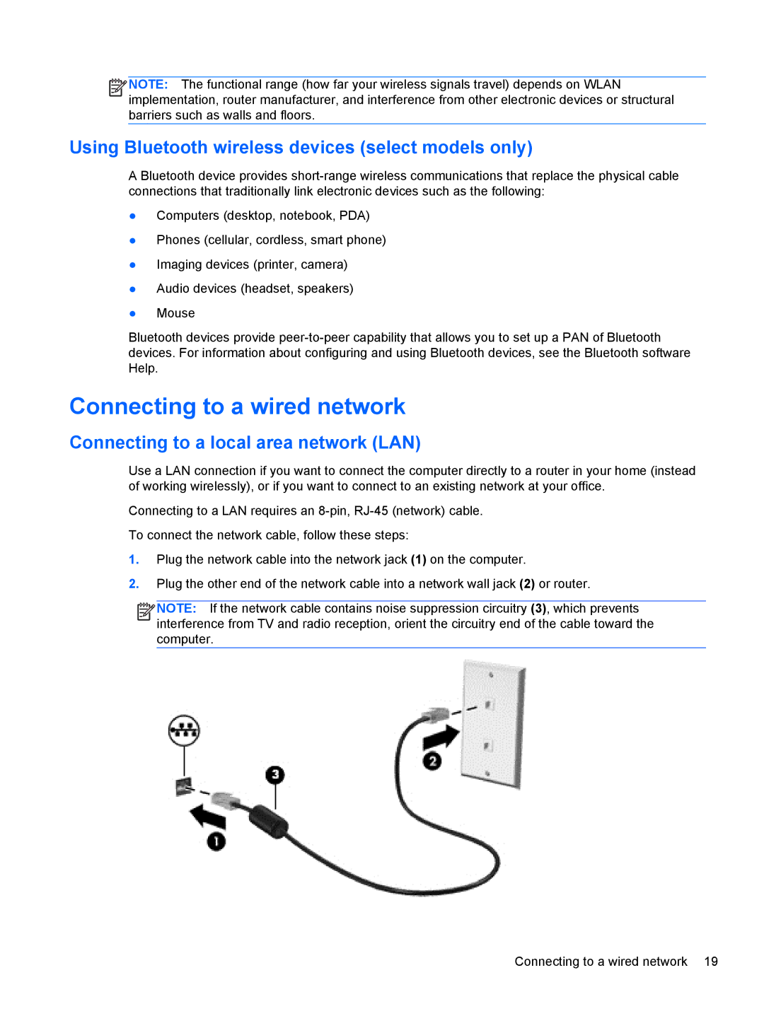 HP E2S18UAABA manual Connecting to a wired network, Using Bluetooth wireless devices select models only 