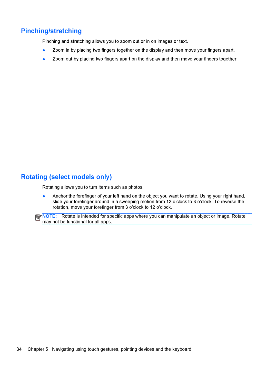 HP E2S18UAABA manual Pinching/stretching, Rotating select models only 