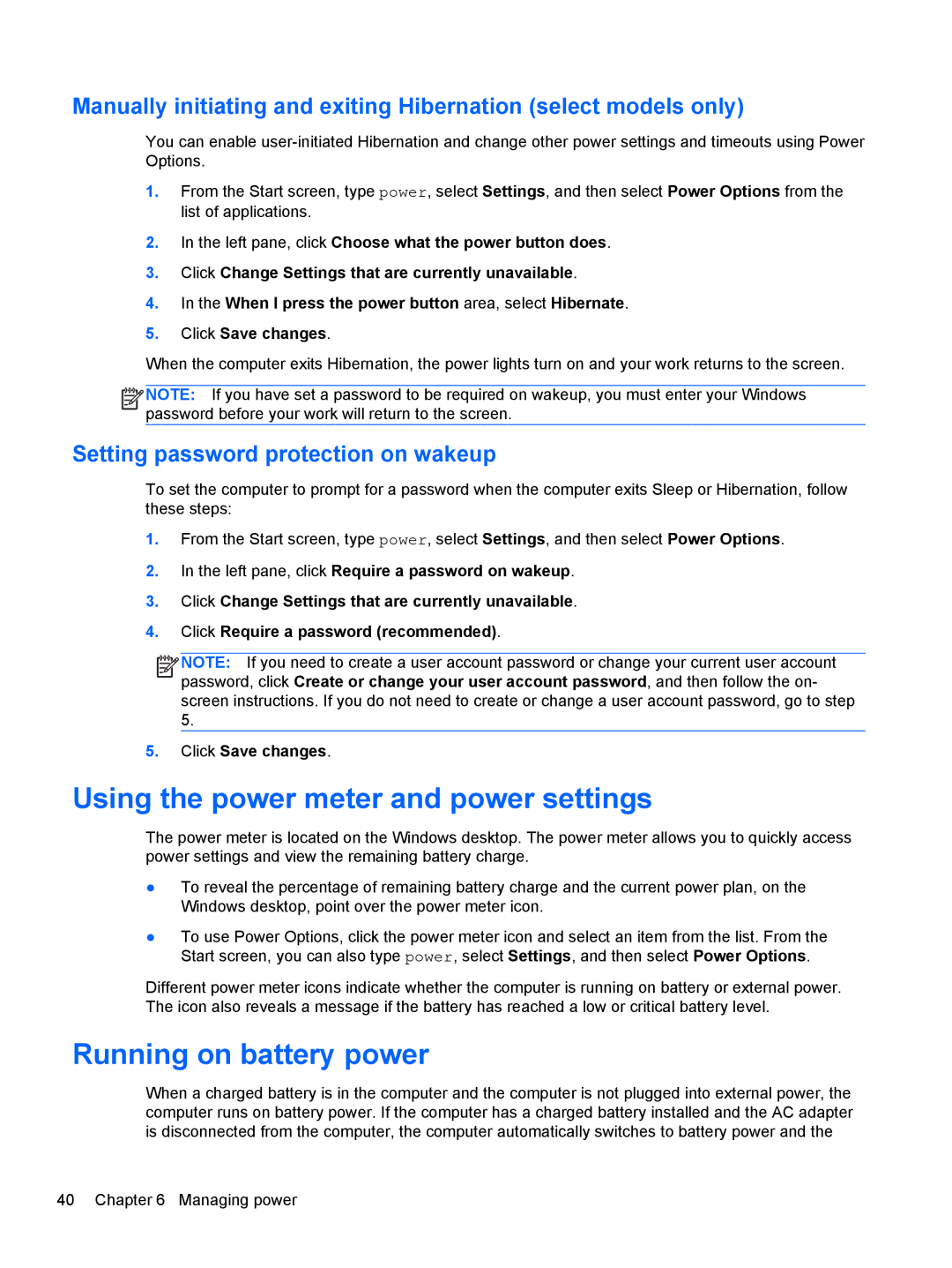 HP E2S18UAABA Using the power meter and power settings, Running on battery power, Setting password protection on wakeup 