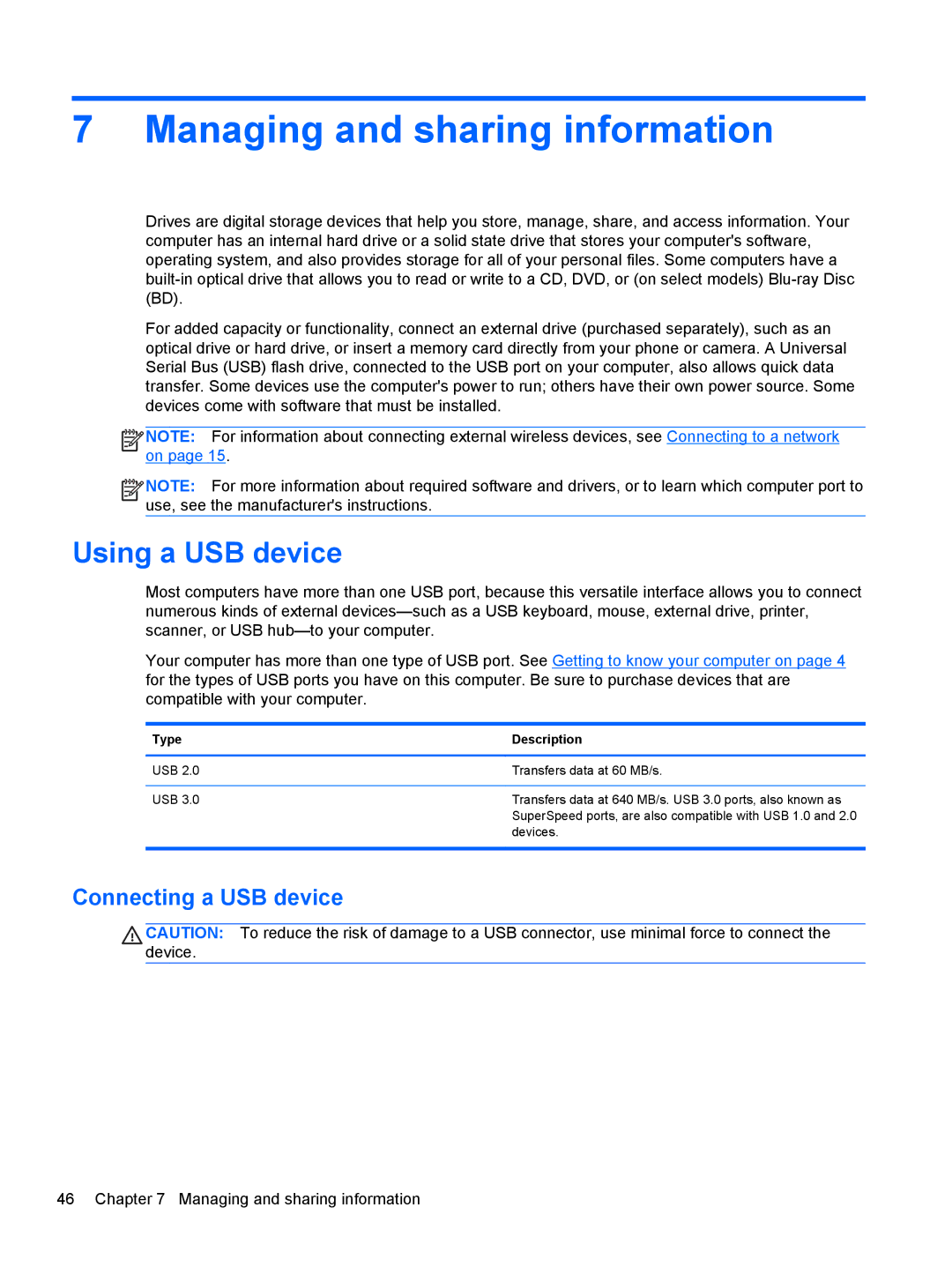 HP E2S18UAABA manual Managing and sharing information, Using a USB device, Connecting a USB device, Type Description 