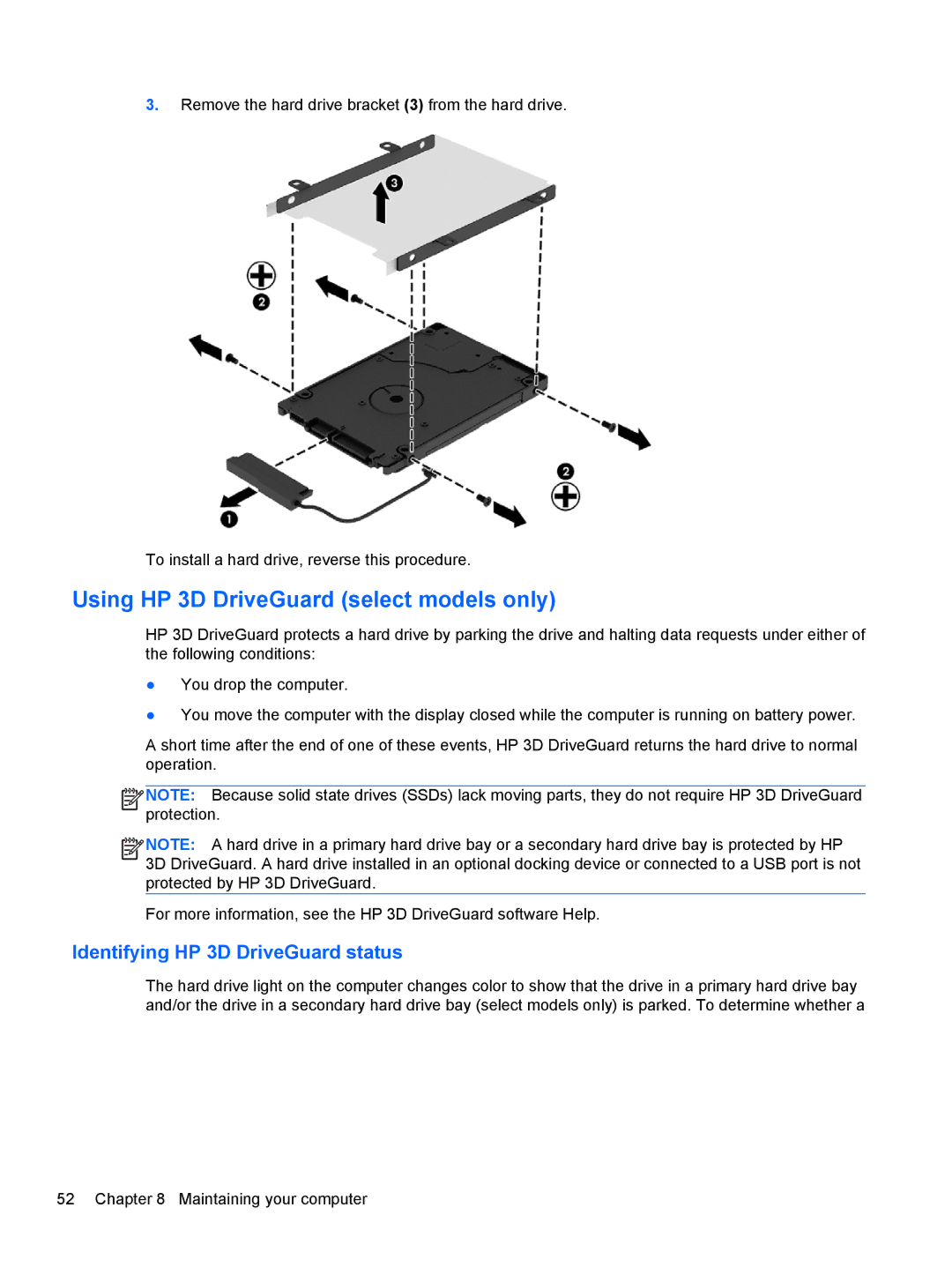 HP E2S18UAABA manual Using HP 3D DriveGuard select models only, Identifying HP 3D DriveGuard status 