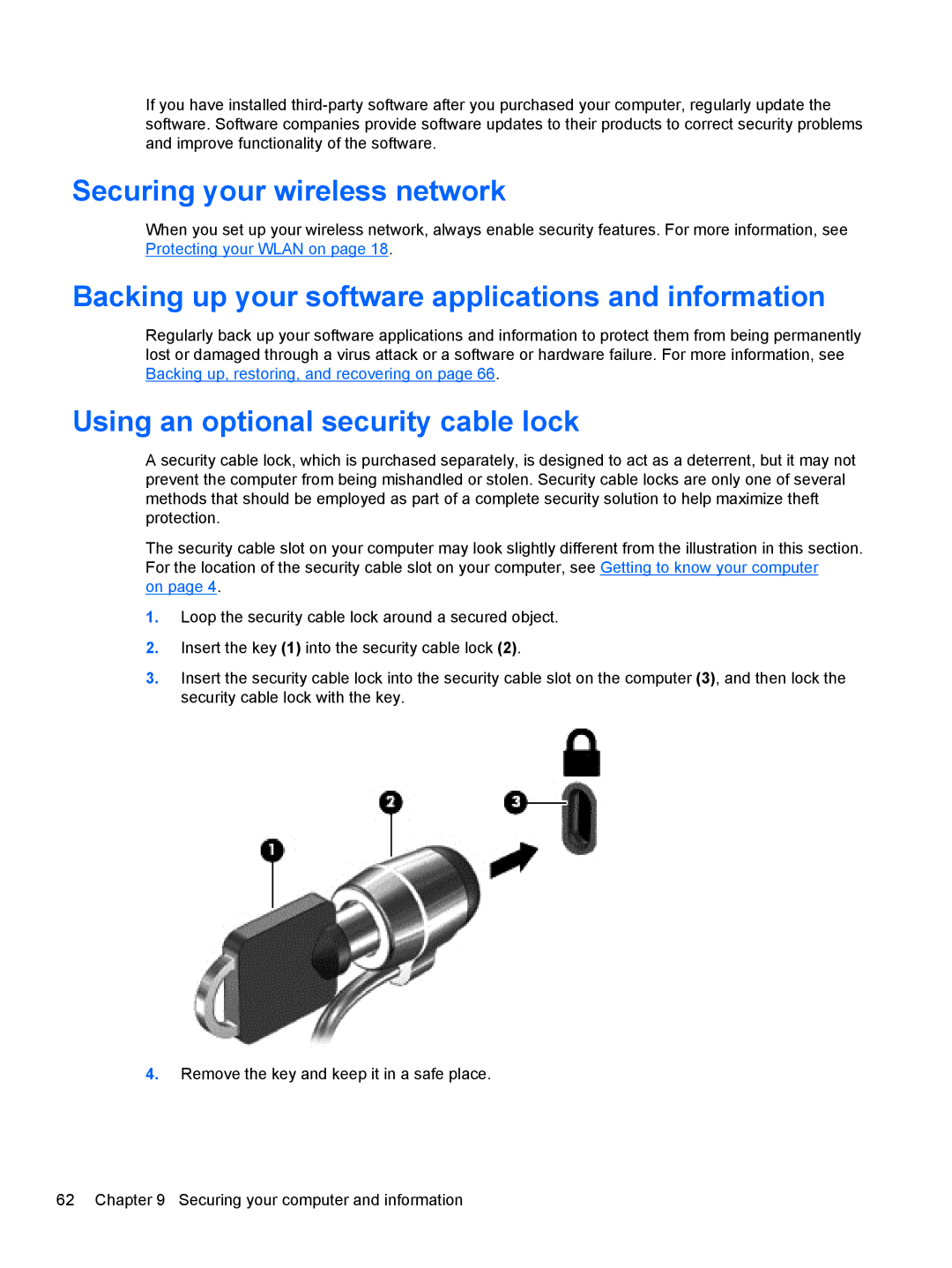 HP E2S18UAABA manual Securing your wireless network, Backing up your software applications and information 