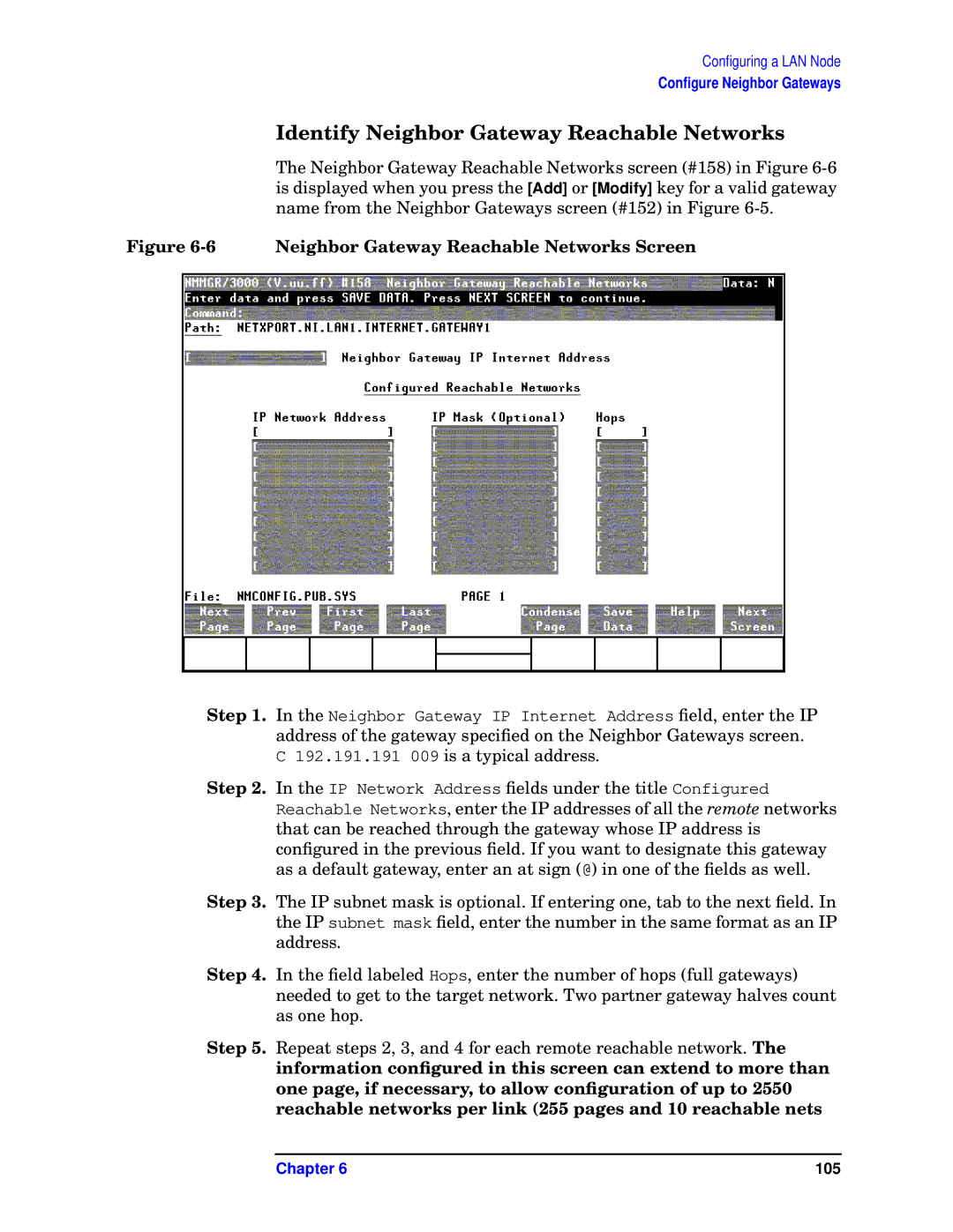 HP E3000/IX, E3000 MPE/IX manual Identify Neighbor Gateway Reachable Networks, Neighbor Gateway Reachable Networks Screen 