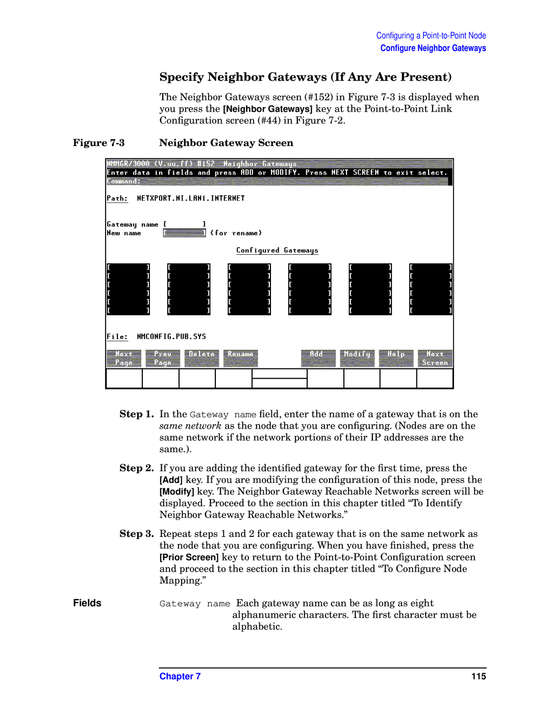 HP E3000/IX, E3000 MPE/IX manual Specify Neighbor Gateways If Any Are Present, Neighbor Gateway Screen 