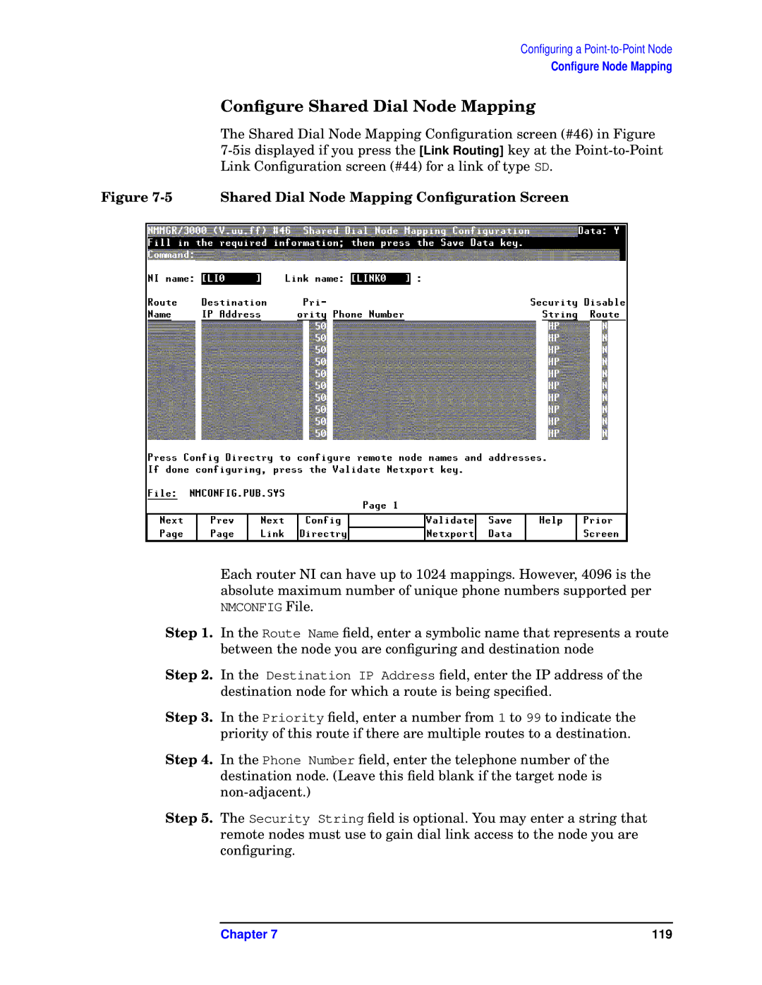 HP E3000/IX, E3000 MPE/IX manual Conﬁgure Shared Dial Node Mapping, Shared Dial Node Mapping Conﬁguration Screen 