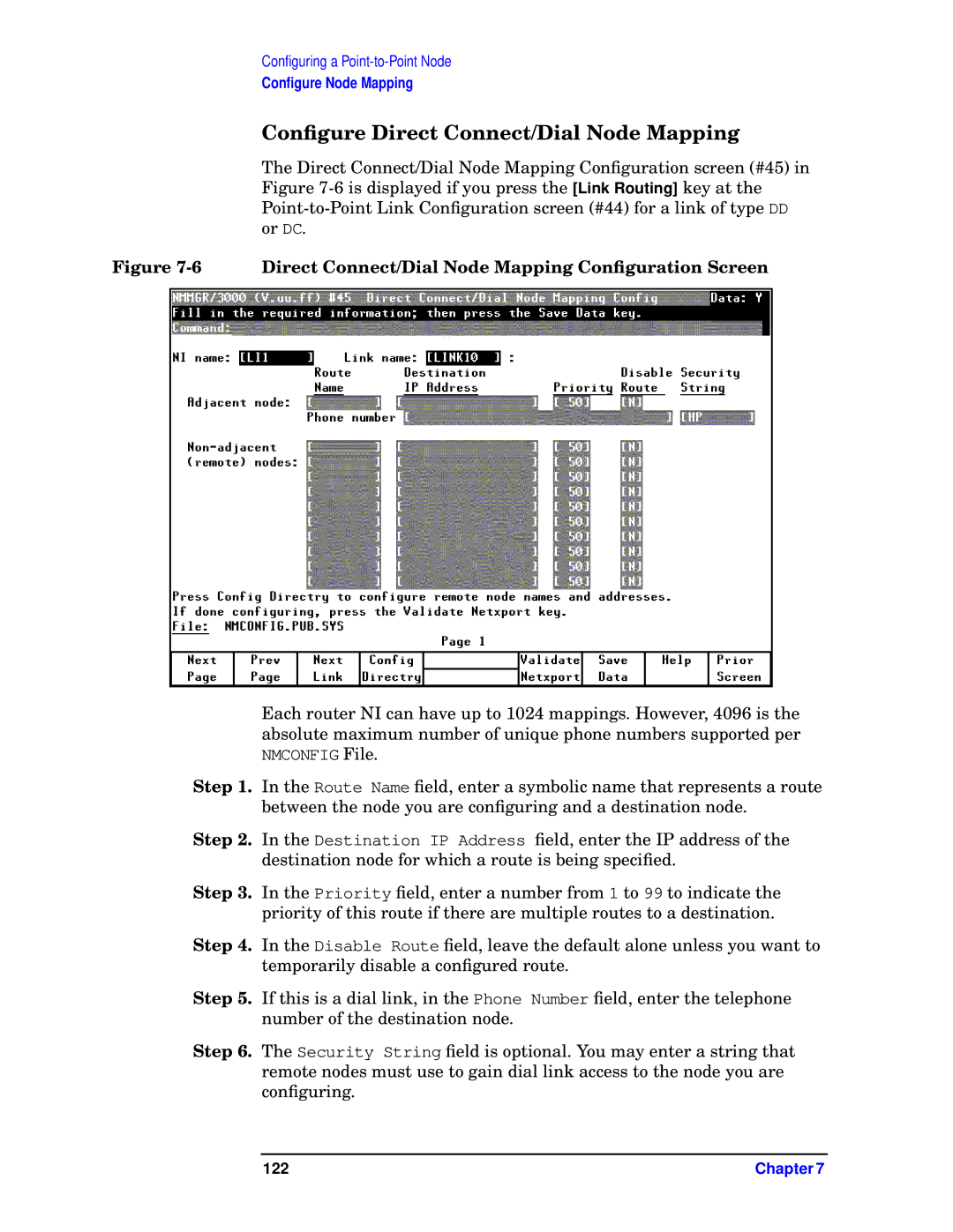 HP E3000 MPE/IX, E3000/IX Conﬁgure Direct Connect/Dial Node Mapping, Direct Connect/Dial Node Mapping Conﬁguration Screen 