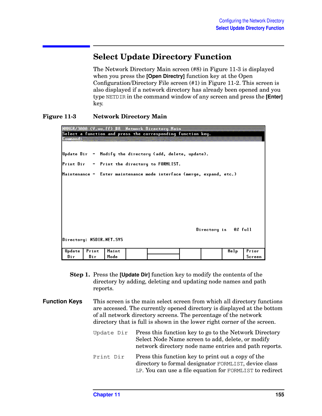 HP E3000/IX, E3000 MPE/IX manual Select Update Directory Function, Network Directory Main 