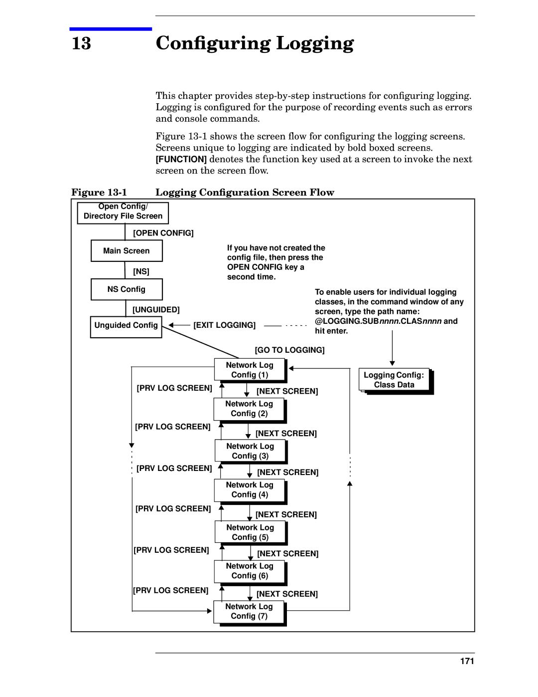 HP E3000/IX, E3000 MPE/IX manual 13 Conﬁguring Logging, Logging Conﬁguration Screen Flow 