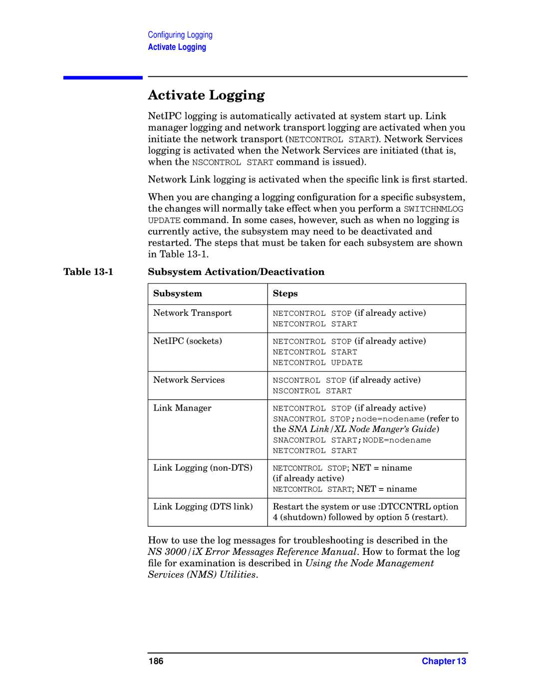 HP E3000 MPE/IX, E3000/IX manual Activate Logging, Subsystem Activation/Deactivation 