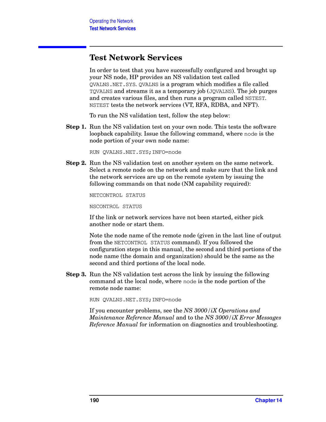 HP E3000 MPE/IX, E3000/IX manual Test Network Services 