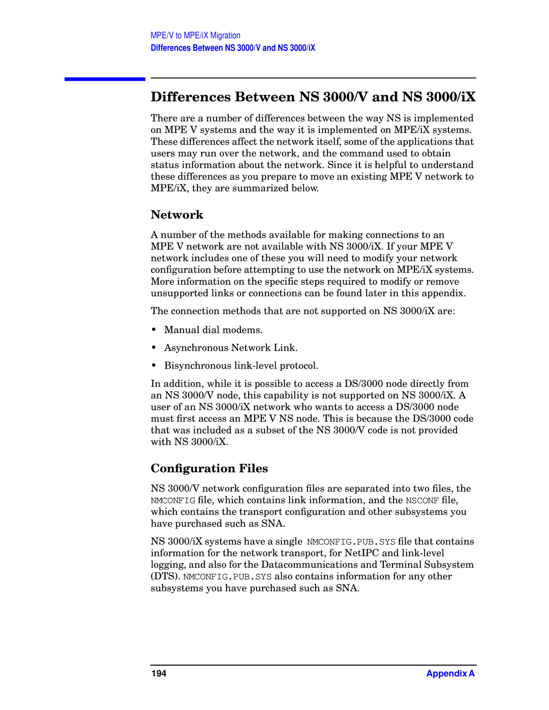 HP E3000 MPE/IX, E3000/IX manual Differences Between NS 3000/V and NS 3000/iX, Network, Conﬁguration Files 