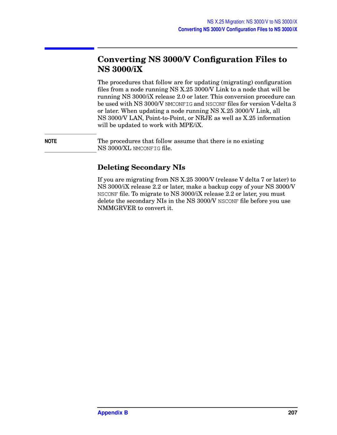 HP E3000/IX, E3000 MPE/IX manual Converting NS 3000/V Conﬁguration Files to NS 3000/iX, Deleting Secondary NIs 