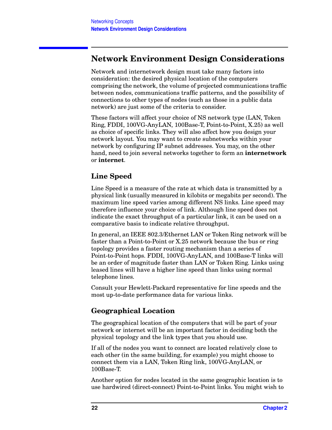 HP E3000 MPE/IX, E3000/IX manual Network Environment Design Considerations, Line Speed, Geographical Location 