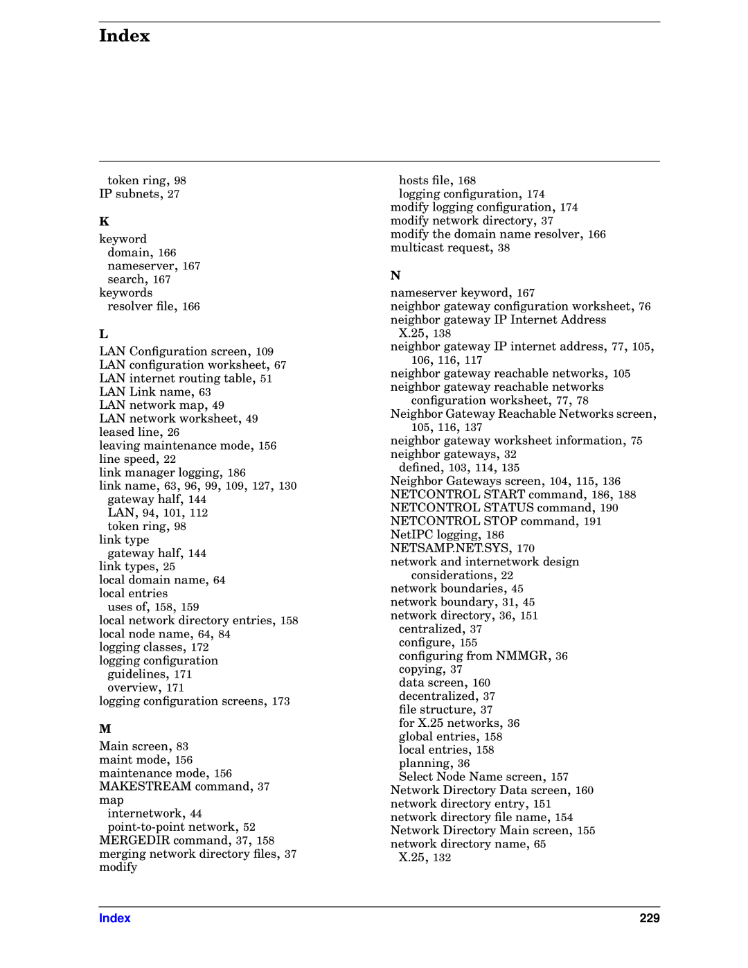 HP E3000/IX, E3000 MPE/IX manual Index 229 