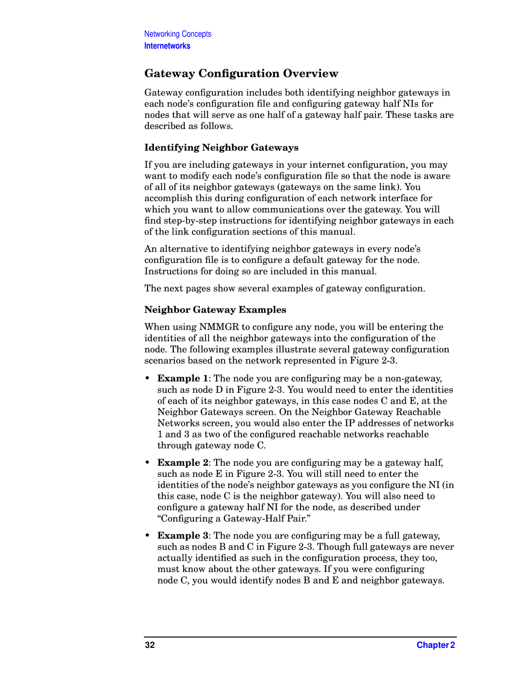 HP E3000 MPE/IX, E3000/IX manual Gateway Conﬁguration Overview, Identifying Neighbor Gateways, Neighbor Gateway Examples 