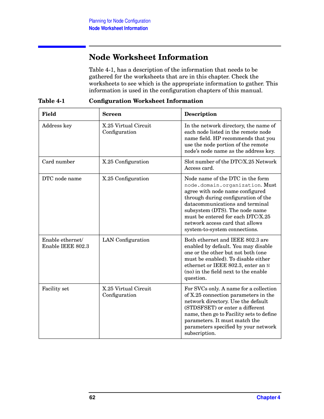 HP E3000 MPE/IX, E3000/IX manual Node Worksheet Information, Conﬁguration Worksheet Information 