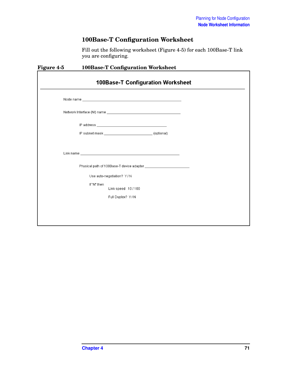 HP E3000/IX, E3000 MPE/IX manual 100Base-T Conﬁguration Worksheet 