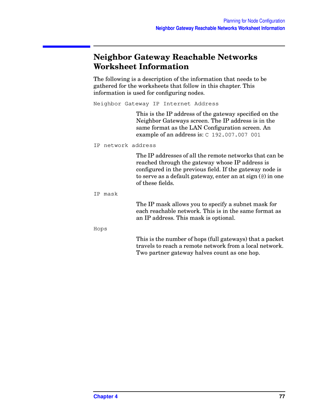 HP E3000/IX, E3000 MPE/IX manual Neighbor Gateway Reachable Networks Worksheet Information 