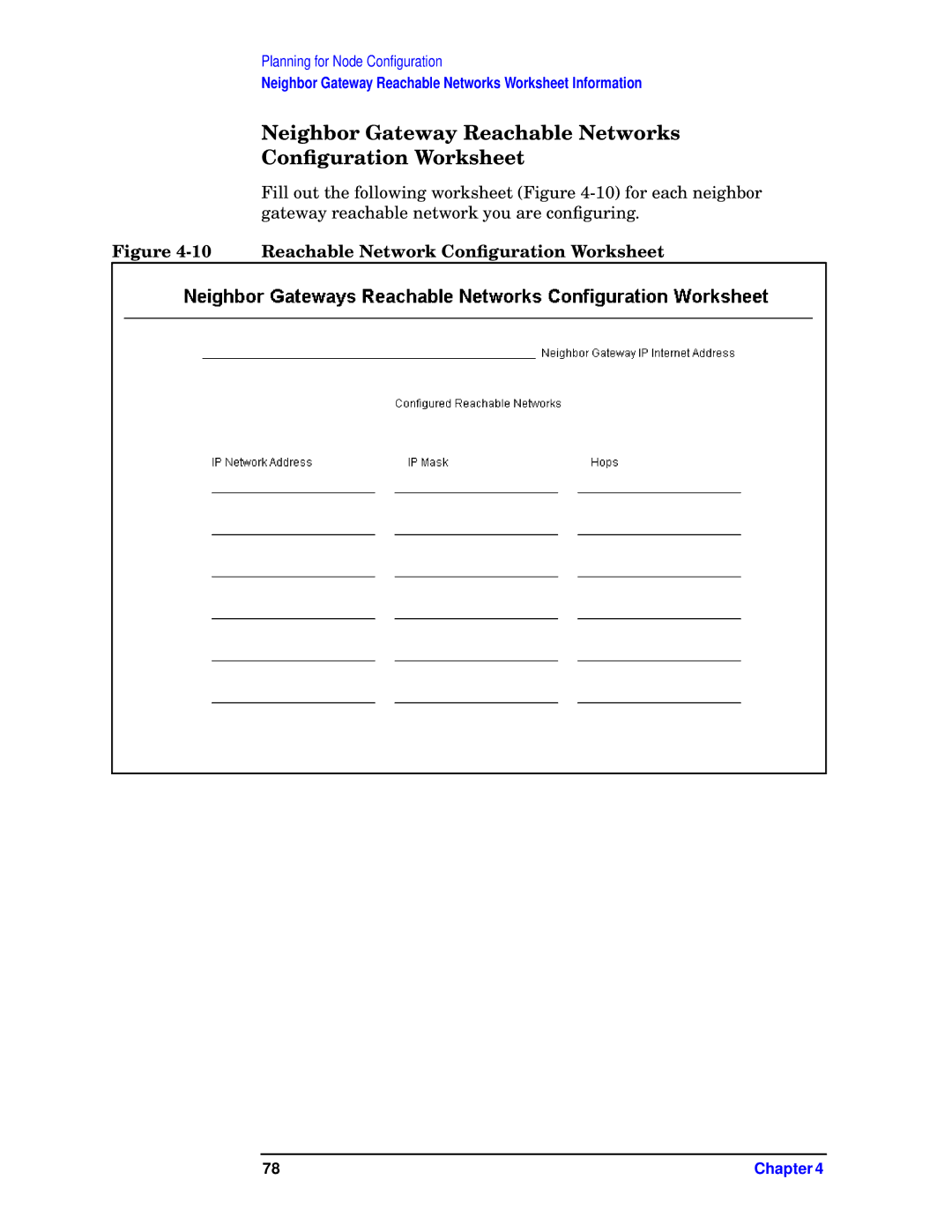 HP E3000 MPE/IX manual Neighbor Gateway Reachable Networks Conﬁguration Worksheet, Reachable Network Conﬁguration Worksheet 