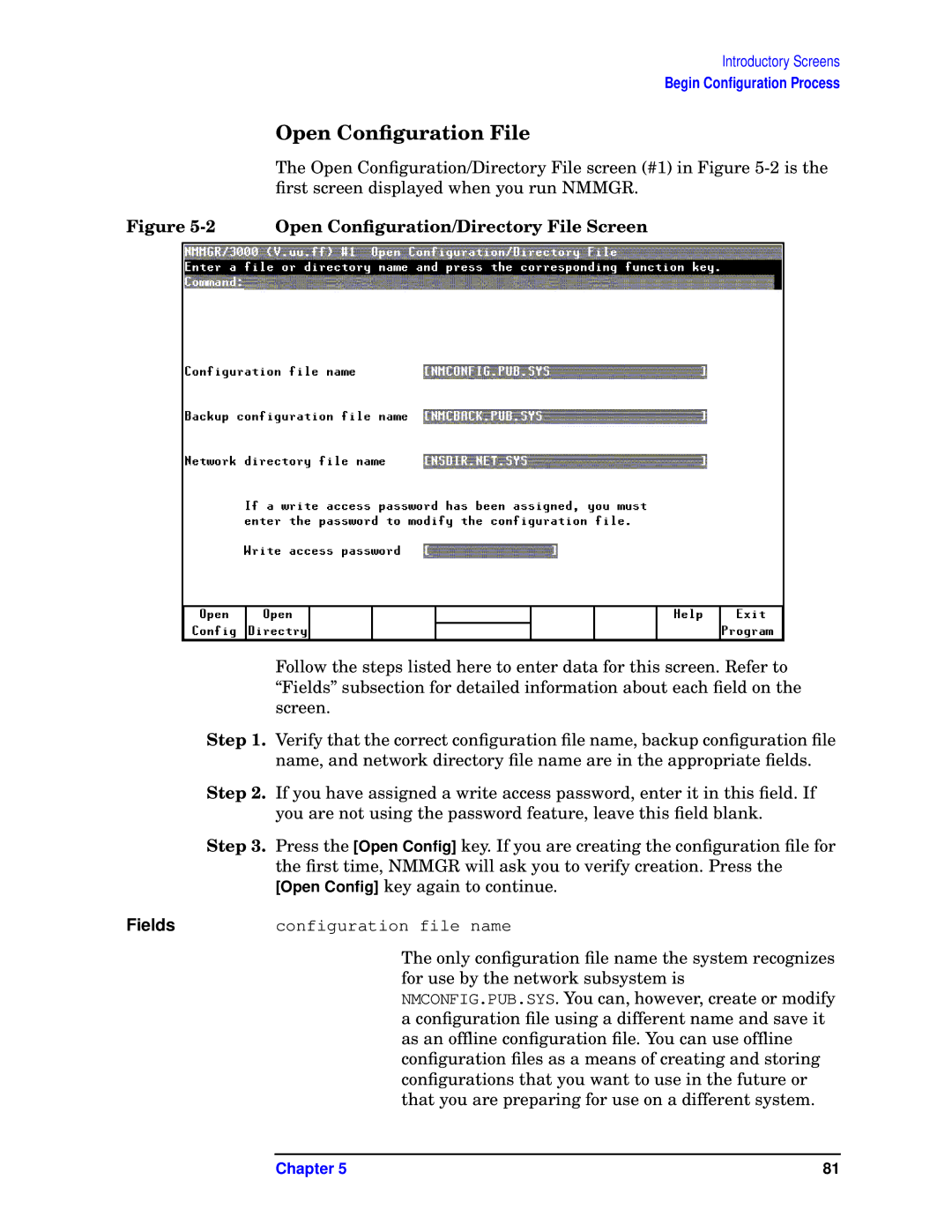 HP E3000/IX, E3000 MPE/IX manual Open Conﬁguration File, Open Conﬁguration/Directory File Screen 