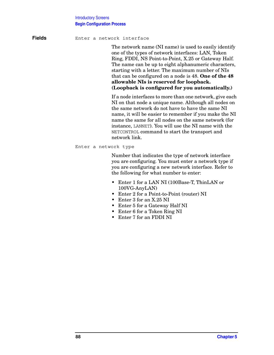 HP E3000 MPE/IX, E3000/IX manual FieldsEnter a network interface 