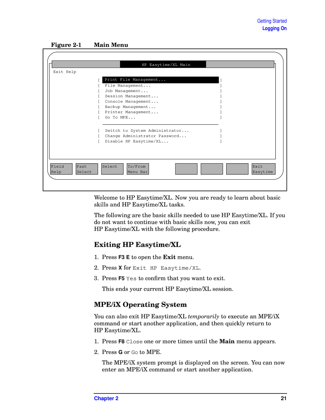 HP e3000 MPE/iX Systems B1940-90005 manual Exiting HP Easytime/XL, MPE/iX Operating System, Main Menu 