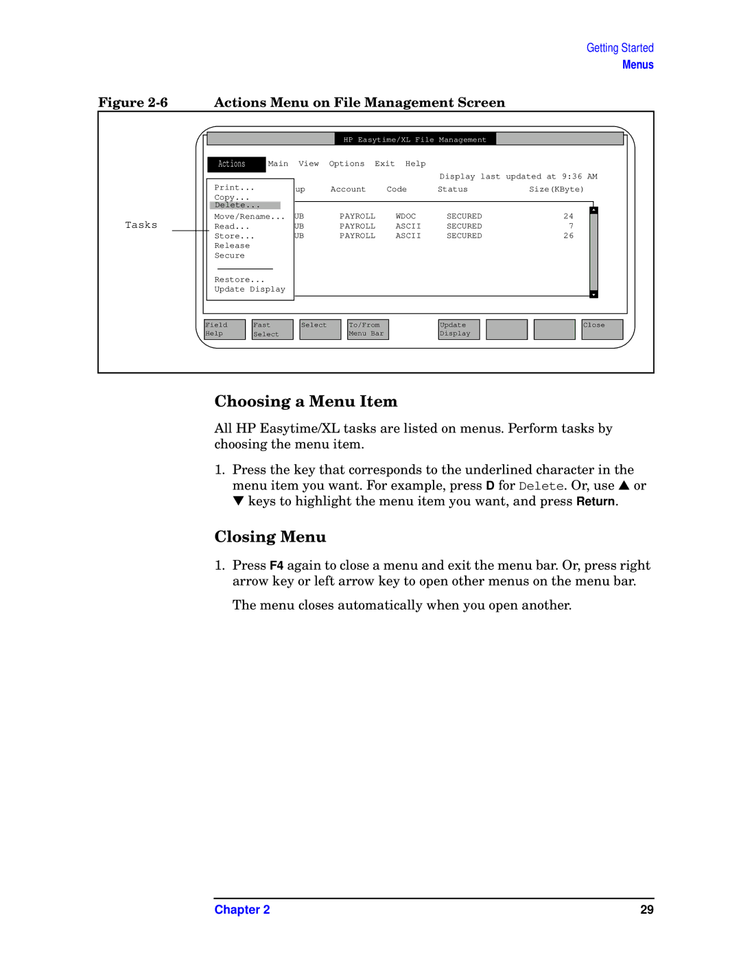 HP e3000 MPE/iX Systems B1940-90005 manual Choosing a Menu Item, Closing Menu 