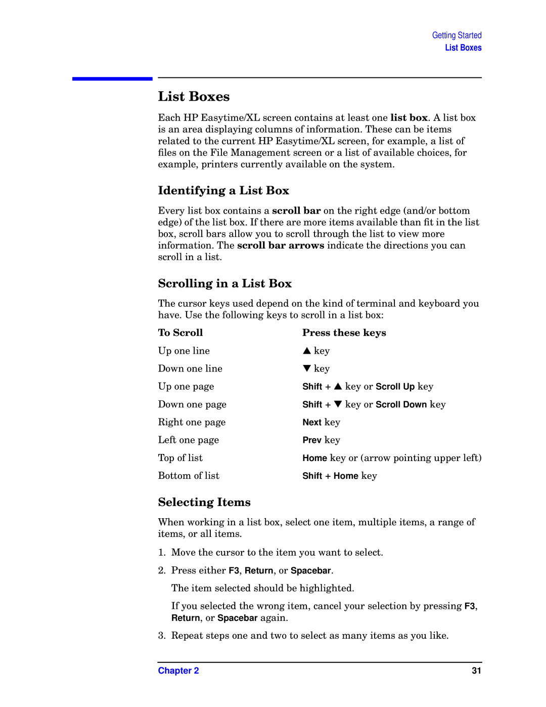 HP e3000 MPE/iX Systems B1940-90005 manual List Boxes, Identifying a List Box, Scrolling in a List Box, Selecting Items 