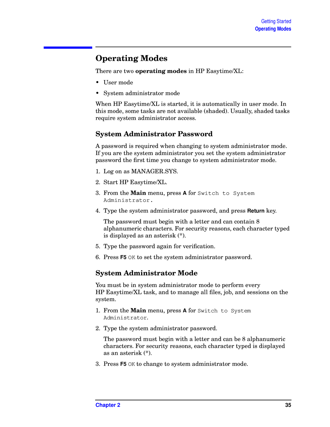 HP e3000 MPE/iX Systems B1940-90005 manual Operating Modes, System Administrator Password, System Administrator Mode 