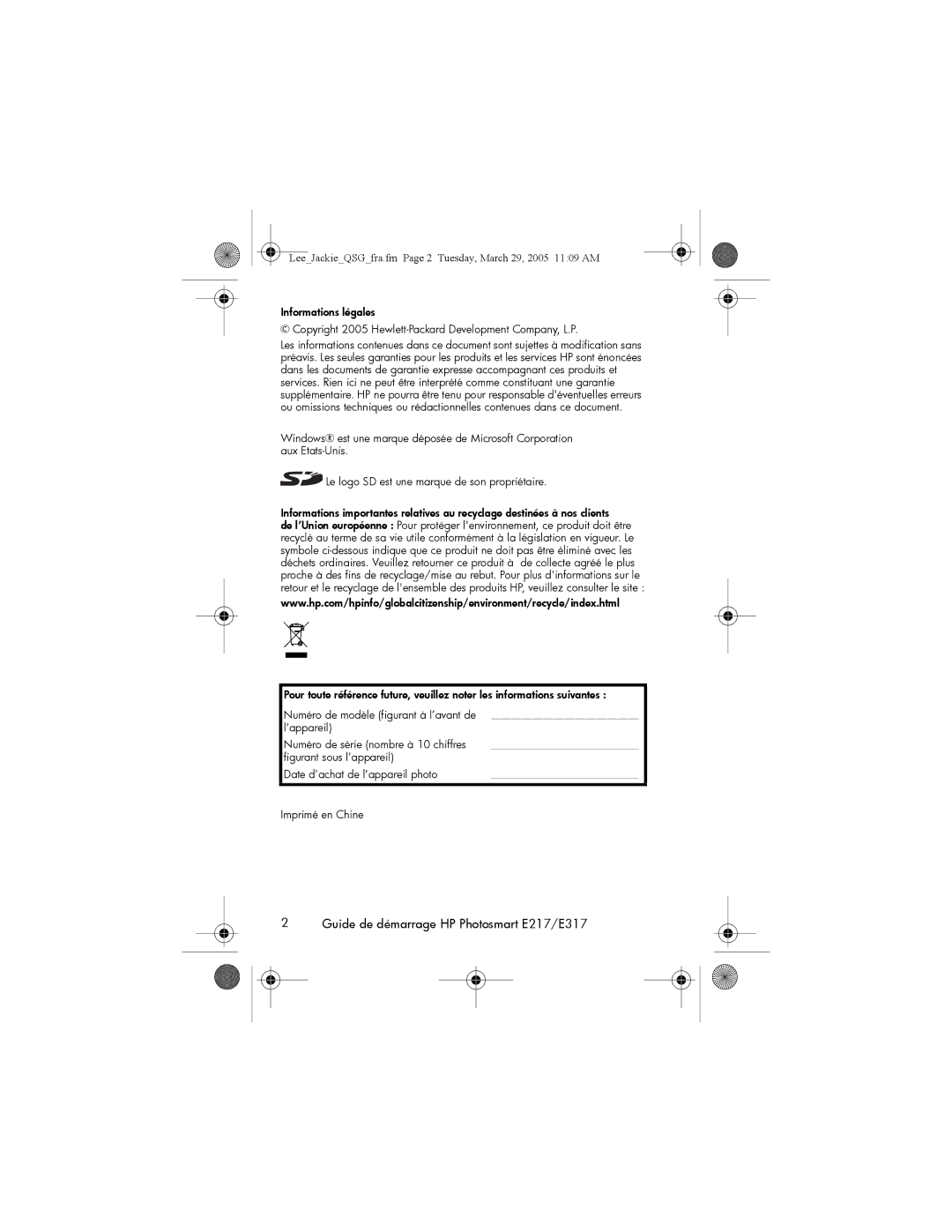 HP manual Guide de démarrage HP Photosmart E217/E317 