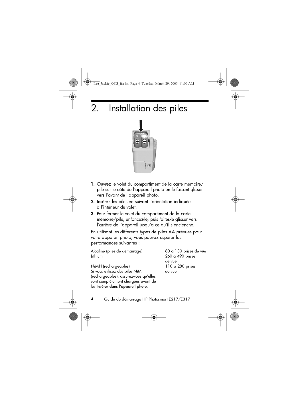 HP E317, E217 manual Installation des piles 