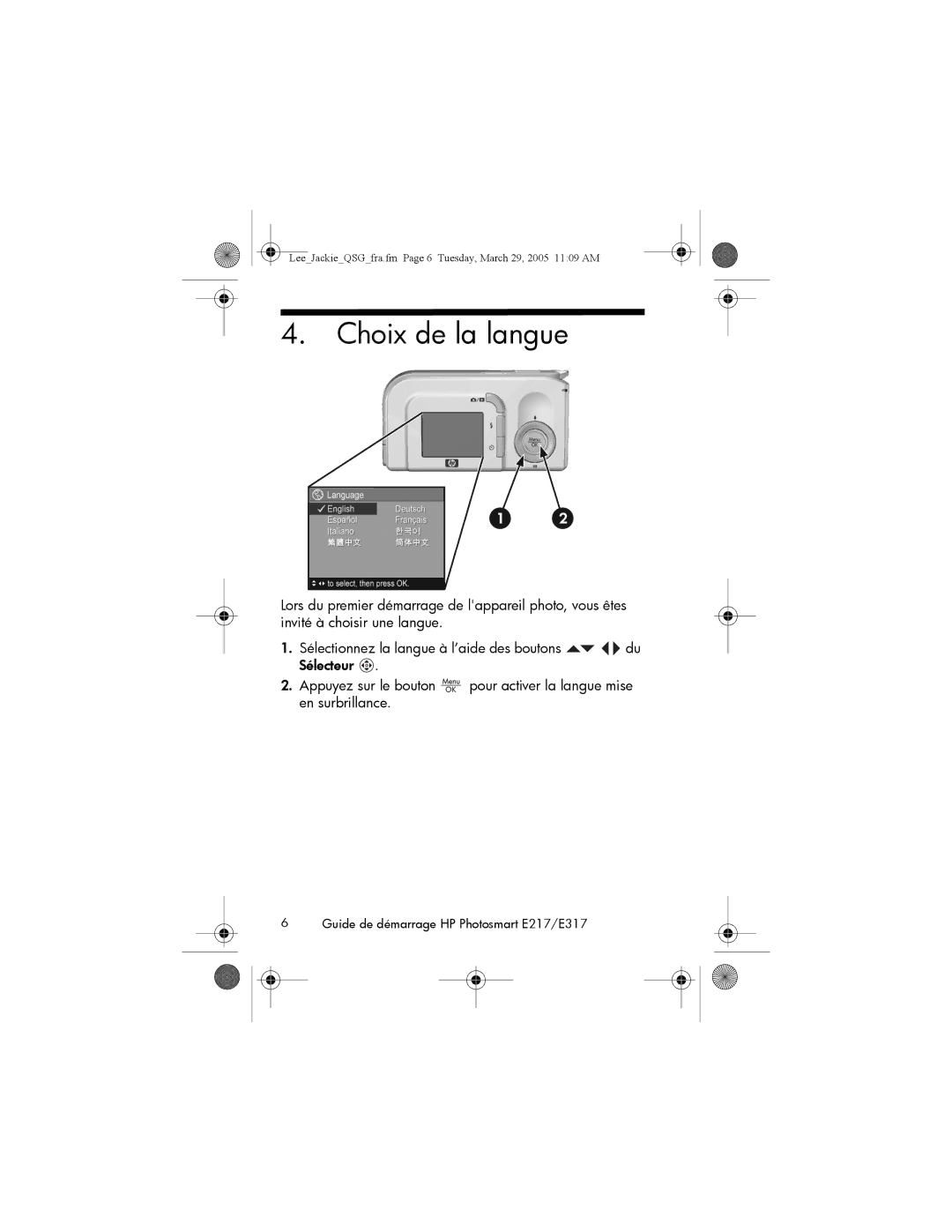 HP E317, E217 manual Choix de la langue 