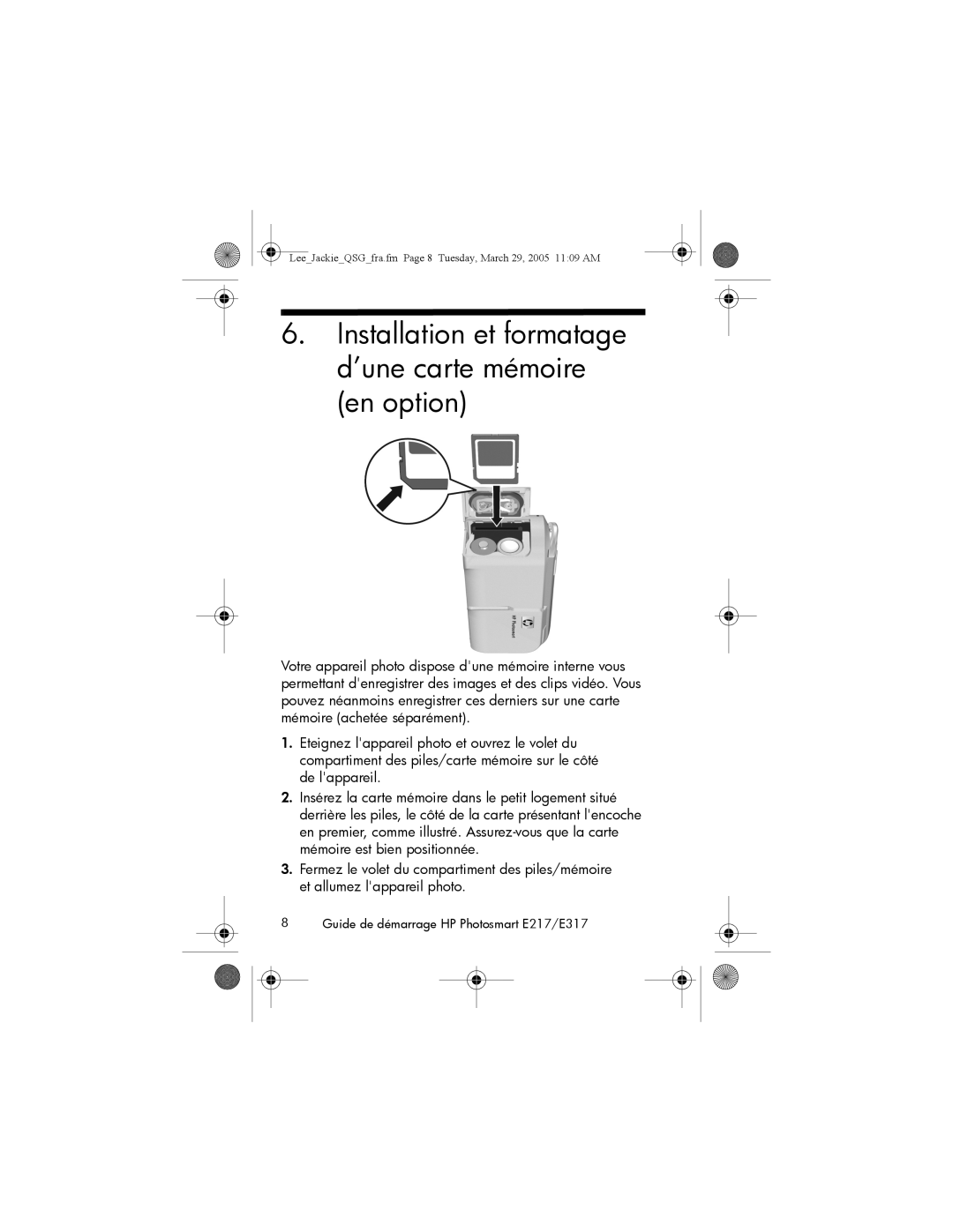 HP E317, E217 manual Installation et formatage d’une carte mémoire en option 