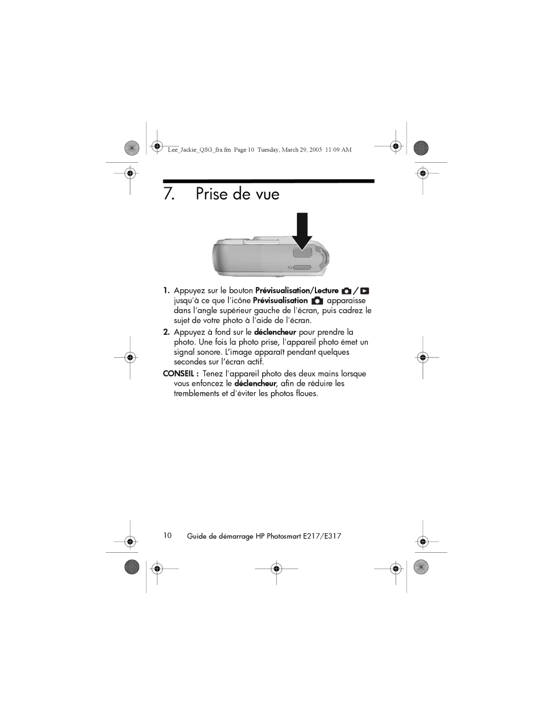 HP E317, E217 manual Prise de vue 