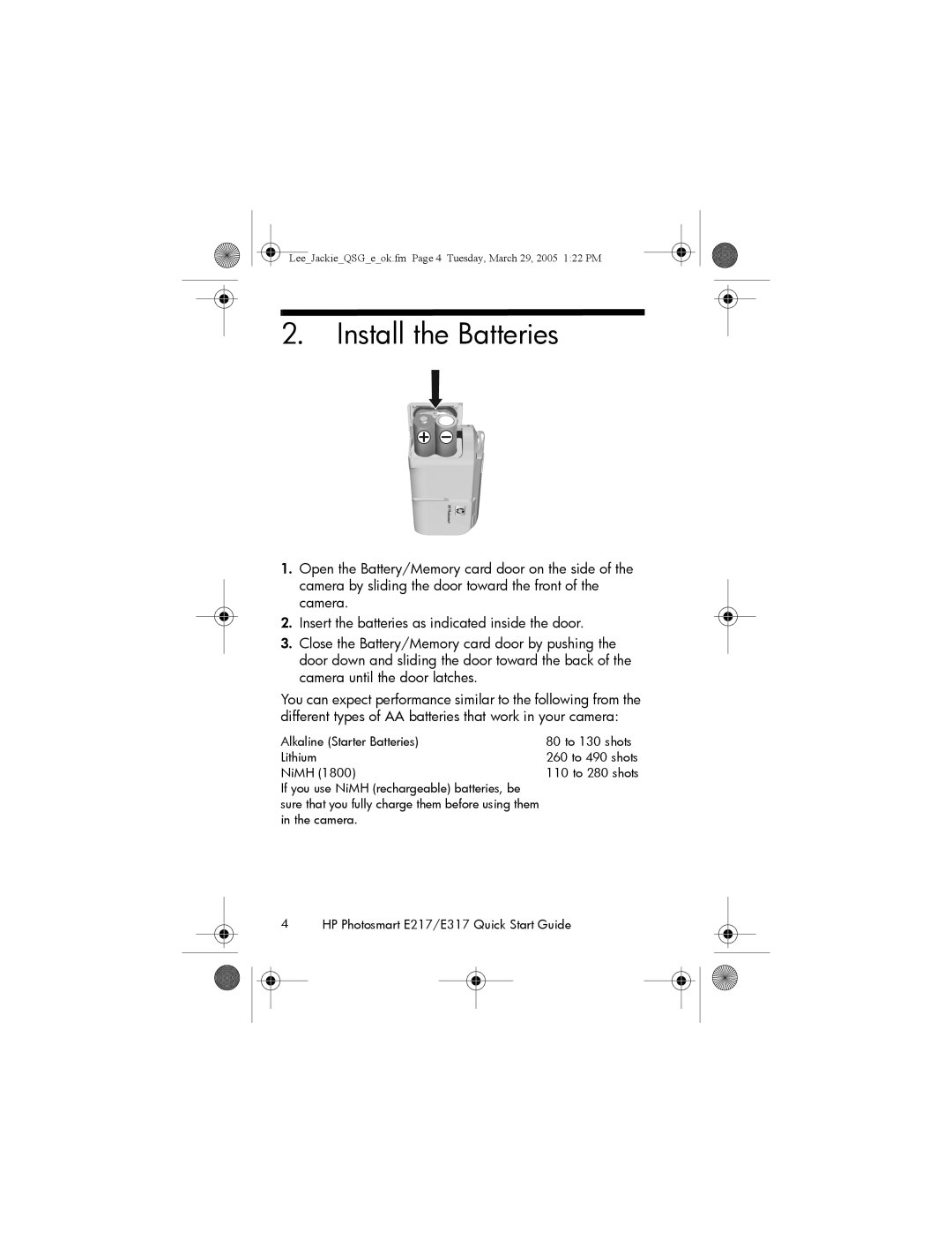 HP E317, E217 manual Install the Batteries 