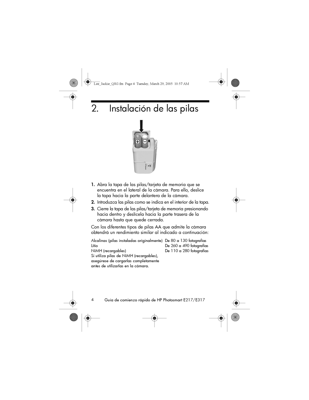 HP E317, E217 manual Instalación de las pilas 