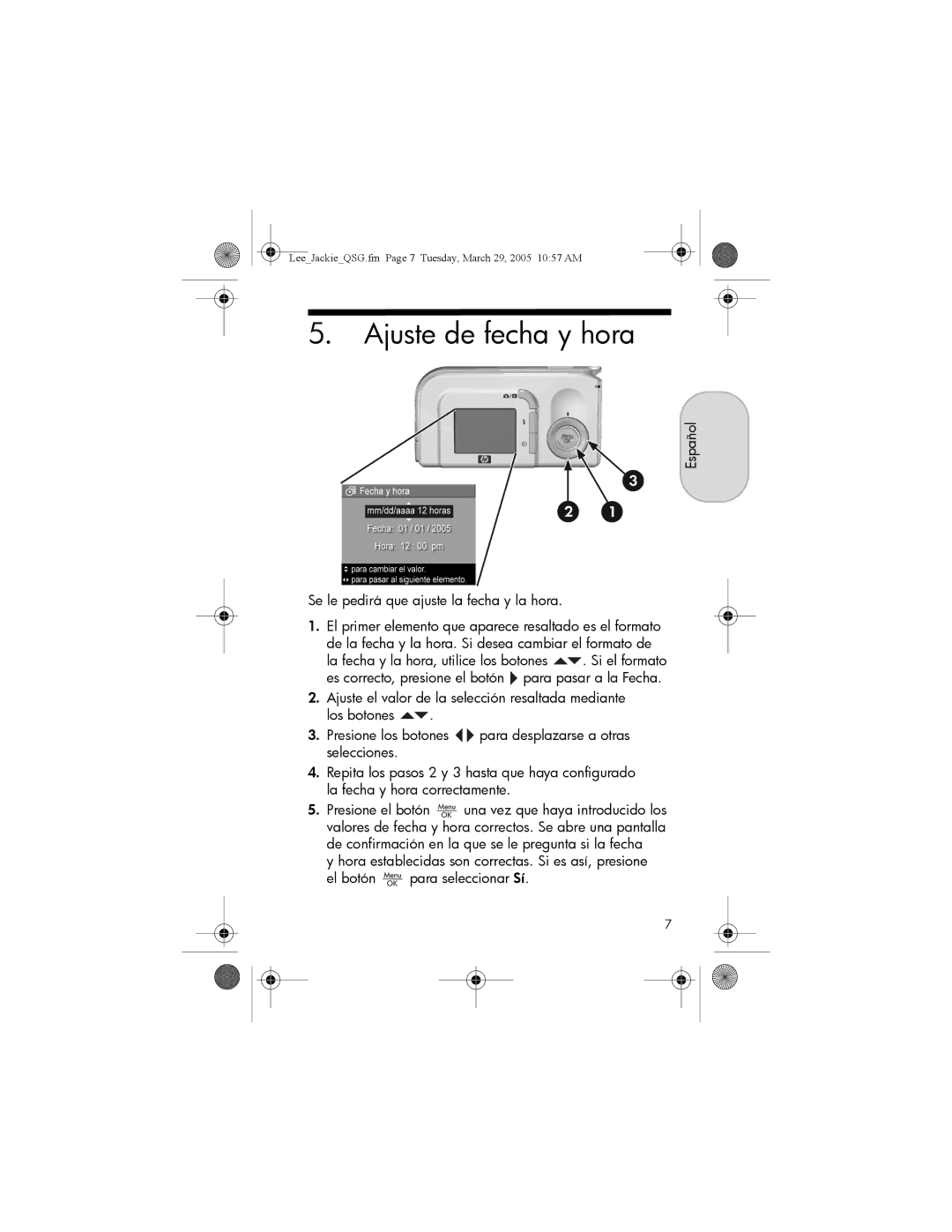 HP E217, E317 manual Ajuste de fecha y hora 